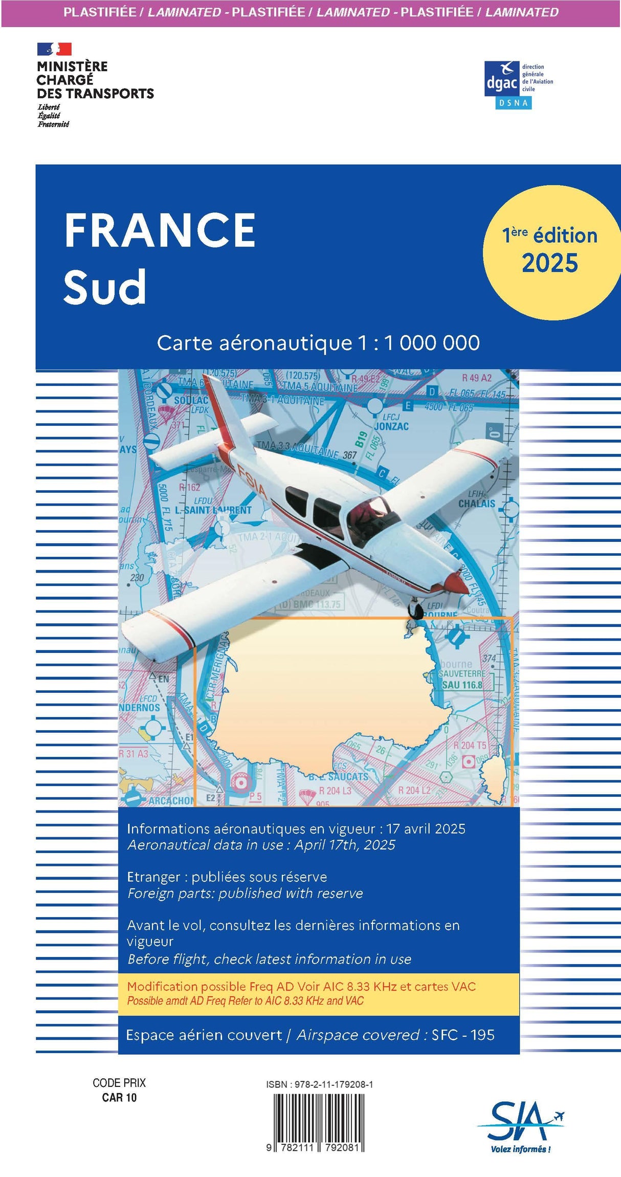 Carte Plastifiée France Sud 2025 1e Edition - SIA - (1/1 000 000)