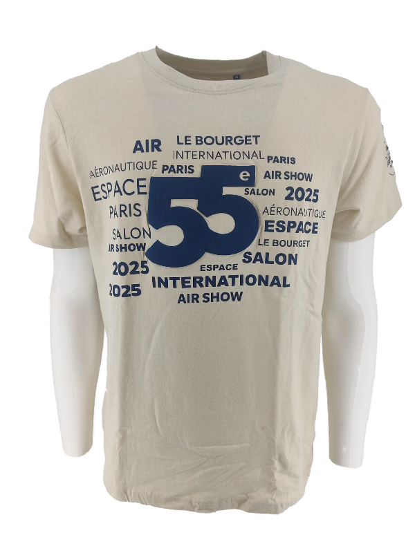 T-shirt beige à impression texte bleue pour le 55e salon de l'air et de l'espace au Bourget