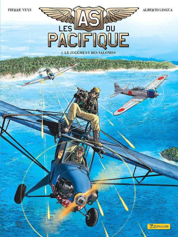 Première de couverture du tome 1 de la bande dessinée Les As du Pacifique : le jugement des Salomon, par Pierre Veys et Alberto Lingua aux éditions Zéphyr