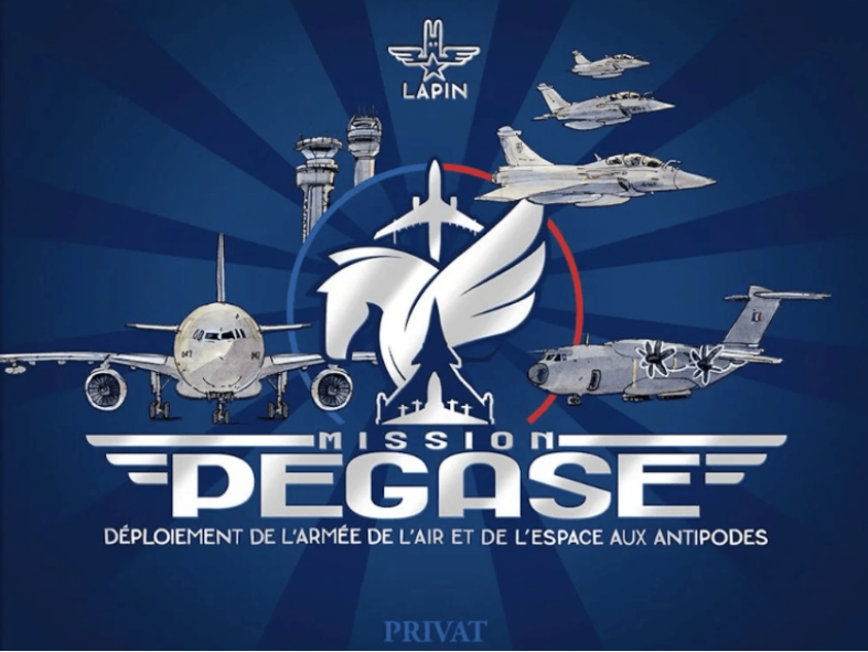 Première de couverture du livre Mission Pegase, déploiement de l'armée de l'air et de l'espace aux antipodes - par le peintre Lapin aux éditions Privat