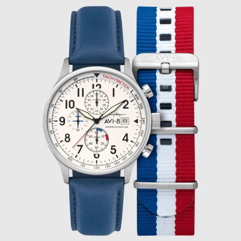 Montre AVI-8 cadran blanc bracelet interchangeable bleu ou bleu blanc rouge