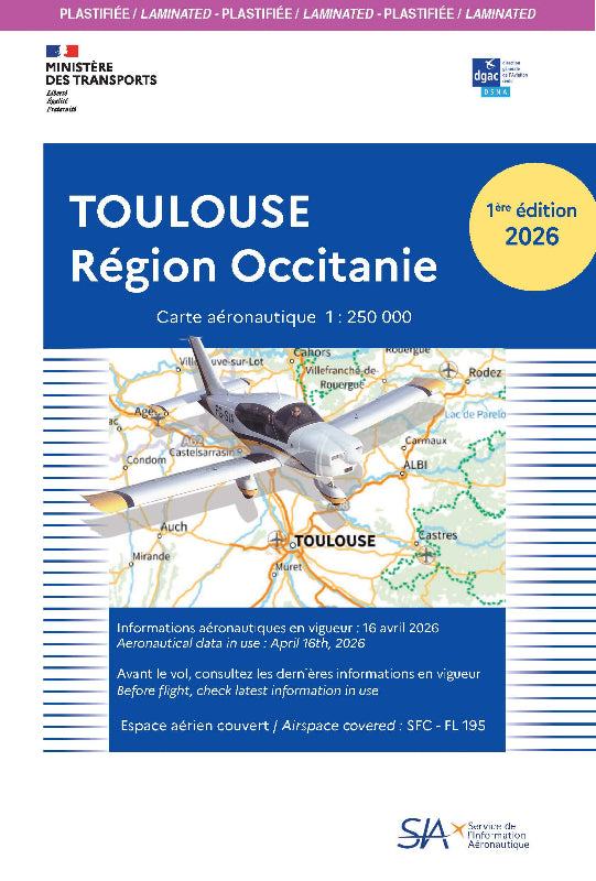 Carte VFR plastifiée Toulouse Région Occitanie 2026 (1/250 000) - SIA