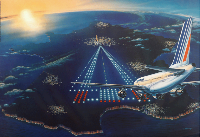 Affiche "Destination France" issue du patrimoine d'Air France, illustrant un avion qui arrive au dessus de Paris, réalisé par Christian Delauney