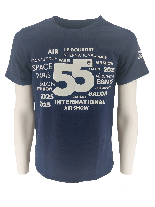 T-shirt bleu à impression texte beige pour le 55e salon de l'air et de l'espace du Bourget