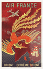 Affiche intitulée "Orient Extrême-Orient" avec phœnix sur fond rouge, tirée des collections du patrimoine Air France