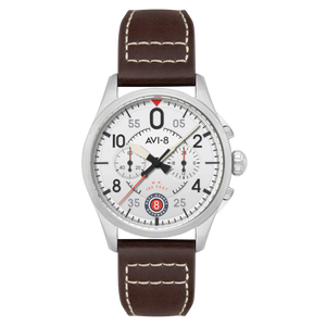 Montre pilote  édition limitée Spitfire Lock Chronograph AVI-8 cadran argenté bracelet en cuir marron