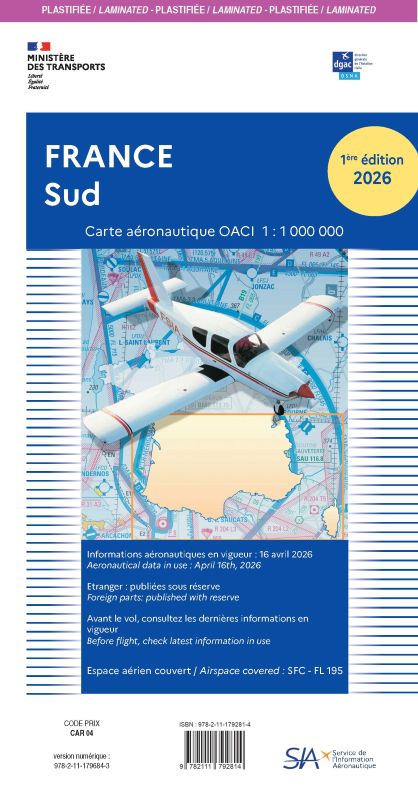 Carte VFR plastifiée France Sud 2026 - SIA - (1/1 000 000)