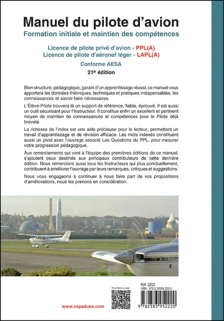 Quatrième de couverture du manuel du pilote d'avion, 21e édition