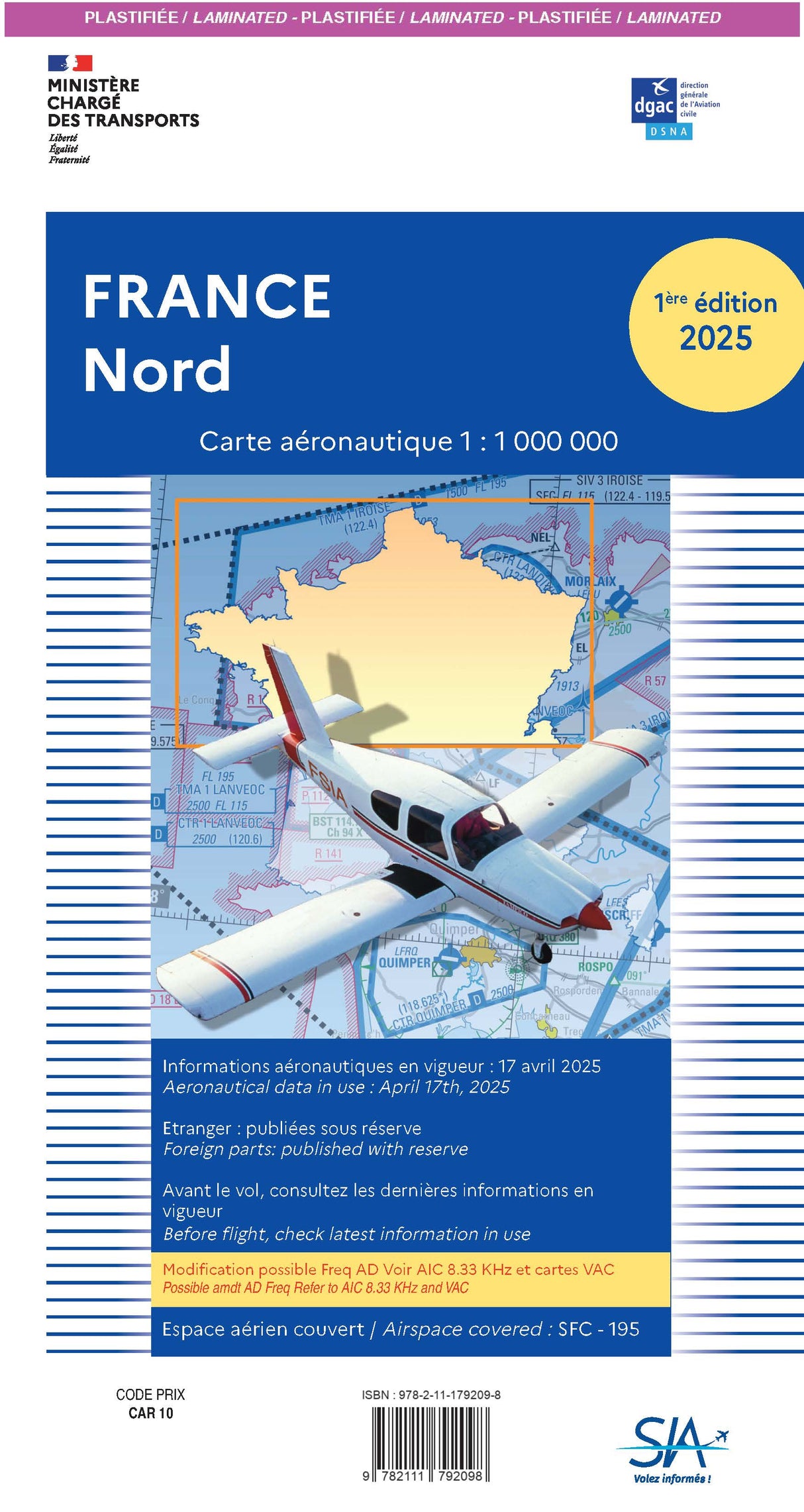 Pré-Commande Carte Plastifiée France Nord 2025 1e Edition - SIA - (1/1 000 000)