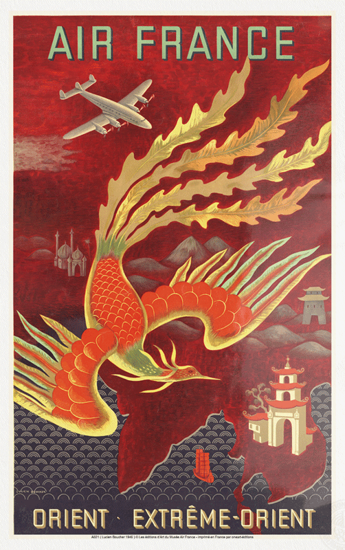 Affiche intitulée "Orient Extrême-Orient" avec phœnix sur fond rouge, tirée des collections du patrimoine Air France