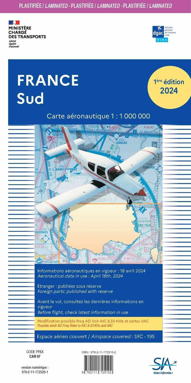 Carte Plastifiée France Sud 2024- SIA - (1/1 000 000)édition 1 - LA BOUTIQUE DU PILOTE