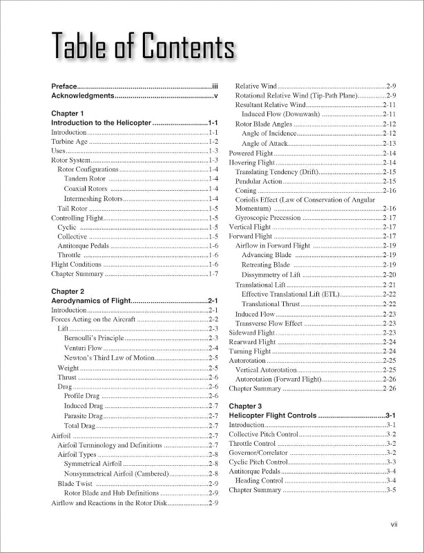 Helicopter Flying handbook, table of contents