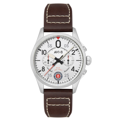 Montre pilote  édition limitée Spitfire Lock Chronograph AVI-8 cadran argenté bracelet en cuir marron