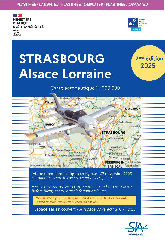 Carte VFR plastifiée Strasbourg Alsace Lorraine 2e édition 2025 du SIA