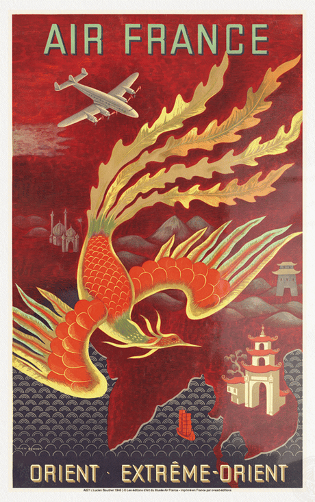 Affiche intitulée "Orient Extrême-Orient" avec phœnix sur fond rouge, tirée des collections du patrimoine Air France