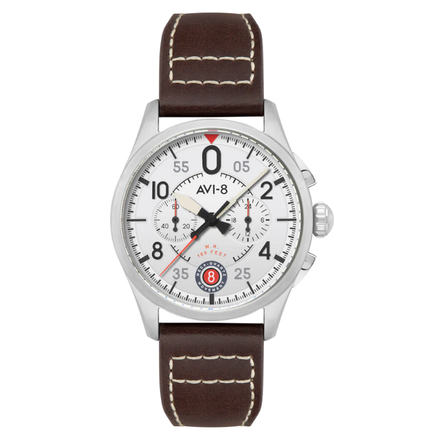 Montre pilote  édition limitée Spitfire Lock Chronograph AVI-8 cadran argenté bracelet en cuir marron