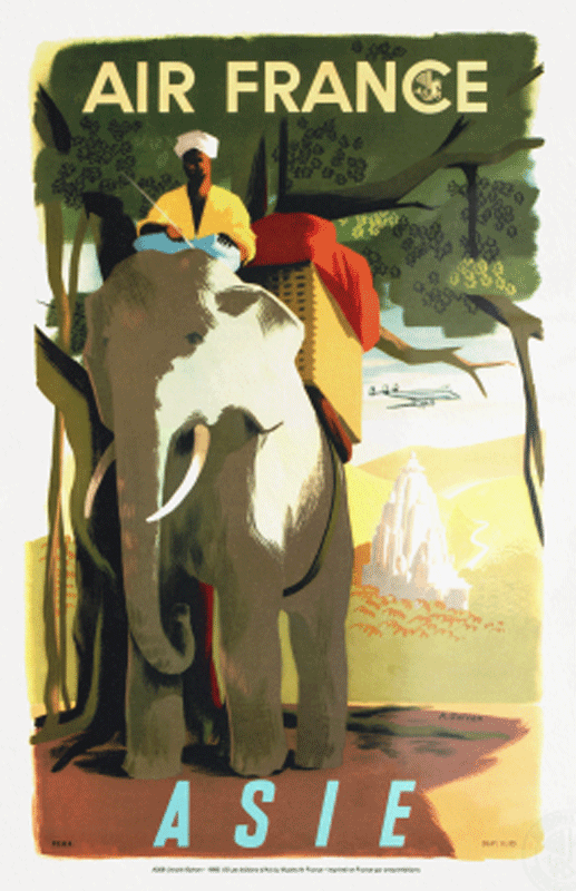 Affiche du patrimoine Air France intitulée "Asie" avec un éléphant illustré, André Golven