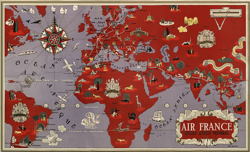 Affiche Air France planisphère rouge 1935