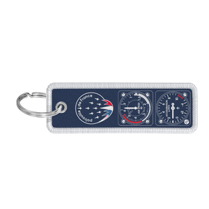 Porte-clé flamme bleu en tissu avec impression Patrouille de France et instruments de vol
