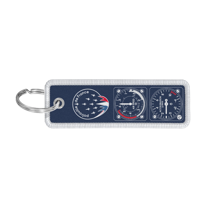 Porte-clé flamme bleu en tissu avec impression Patrouille de France et instruments de vol