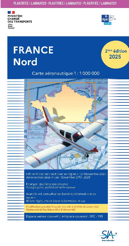 Carte VFR plastifiée France Nord 1/1000000 2e édition 2025 du SIA