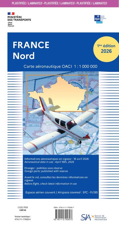 Carte VFR plastifiée France Nord 2026 - SIA - (1/1 000 000)