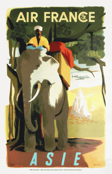 Affiche du patrimoine Air France intitulée "Asie" avec un éléphant illustré, André Golven