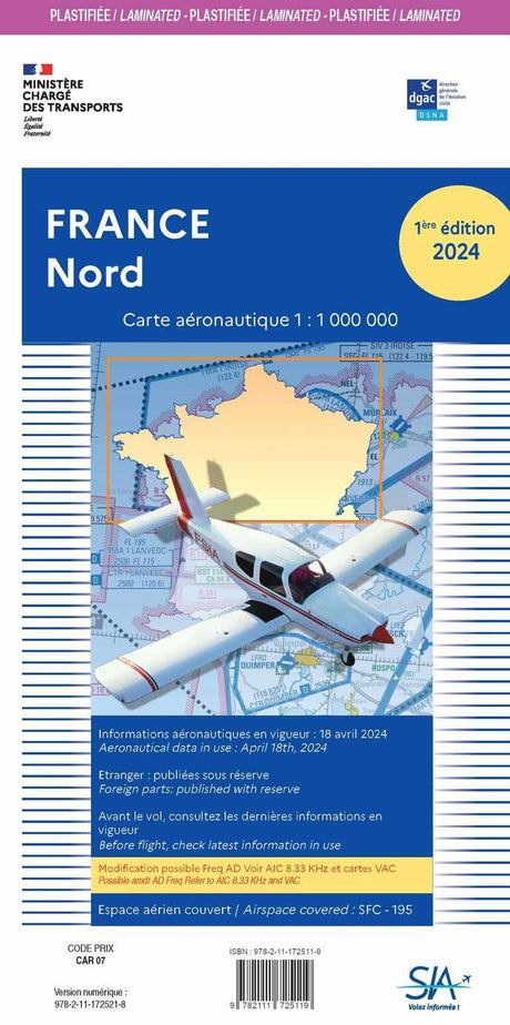 Carte Plastifiée France Nord 2024 - SIA - (1/1 000 000)edition 1 - LA BOUTIQUE DU PILOTE