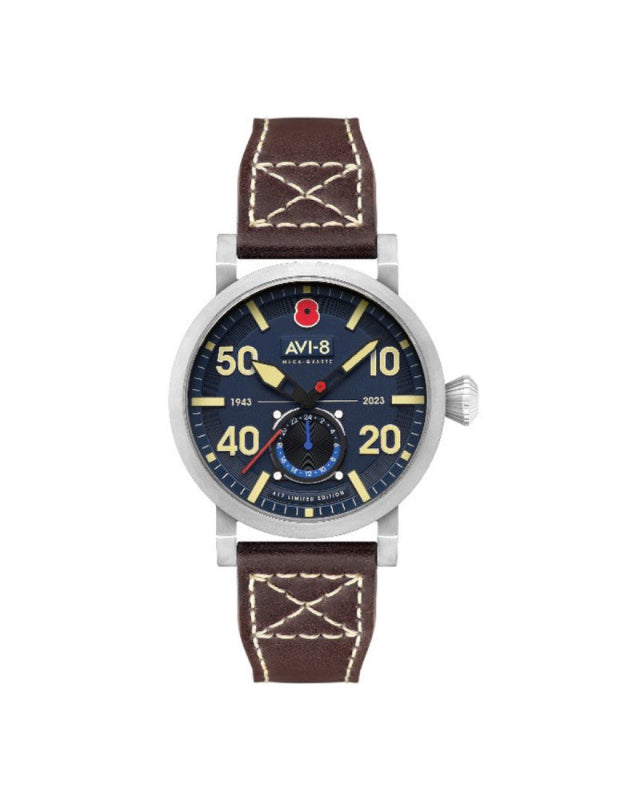 Montre AVI-8 Dambuster 80th anniversary Royal British Legion en édition limitée, bracelet en cuir marron cadran bleu